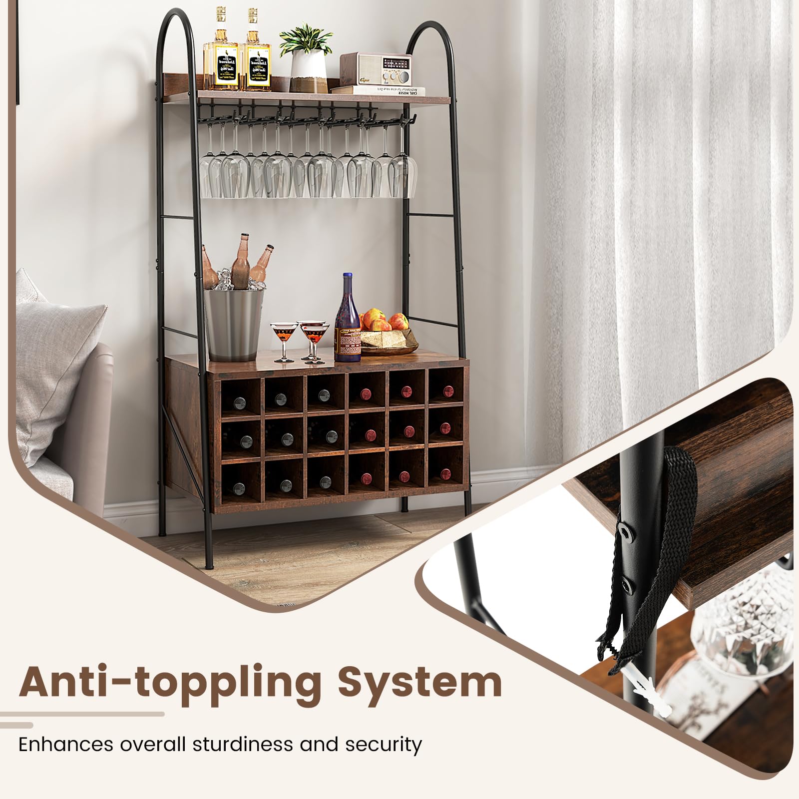 Giantex 18-Bottle Wine Rack Freestanding Floor, Kitchen Baker’s Rack w/ 15 Glasses Holder, Rustic Brown