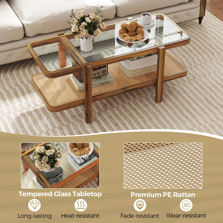 Giantex Rattan Coffee Table, 47.5" Rectangle Solid Wood Tea Table w/Tempered Glass Tabletop