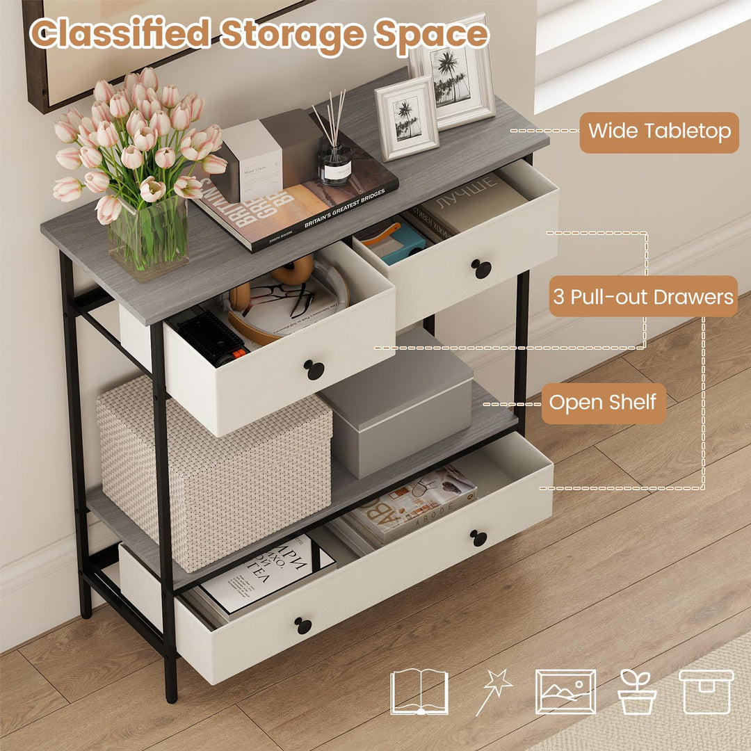 Giantex Farmhouse Console Table 32” Entryway Table with 3 Fabric Drawers & Open Storage Shelf