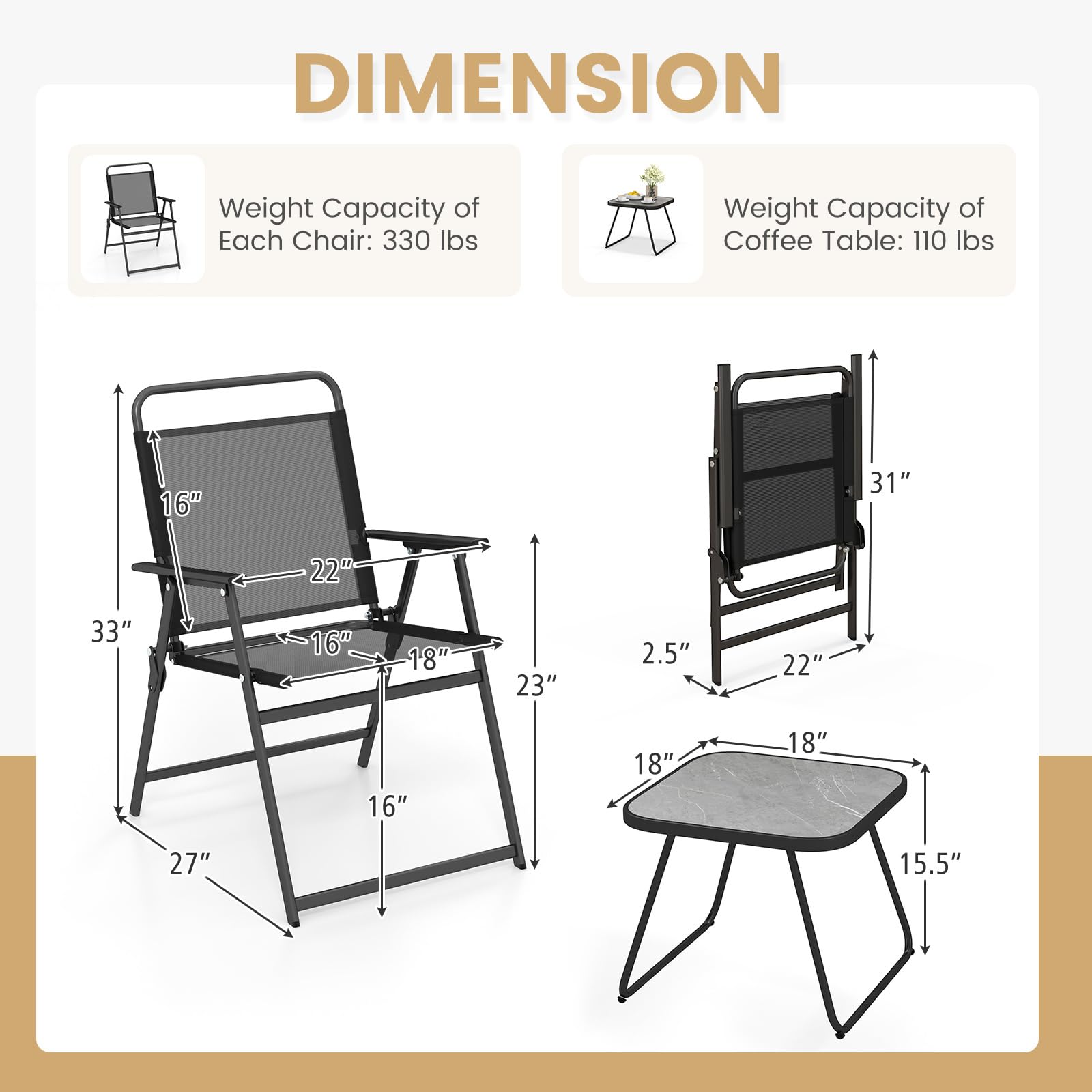 Giantex 3-Piece Patio Bistro Set, Outdoor Folding Chairs & Table Set, Outdoor Conversation Set for Balcony Yard Poolside