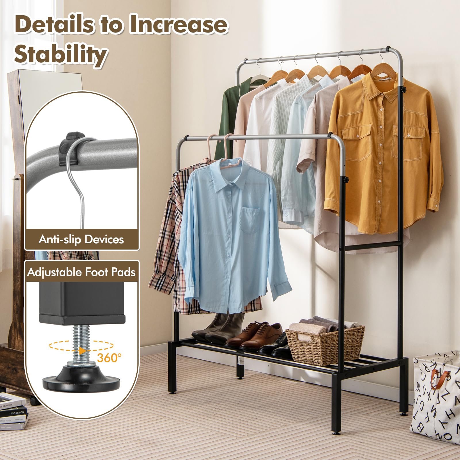 Giantex Double Rods Garment Rack, 2 Heights Adjustable Clothing Rack, Heavy Duty Metal Frame Hanging Clothes Rack