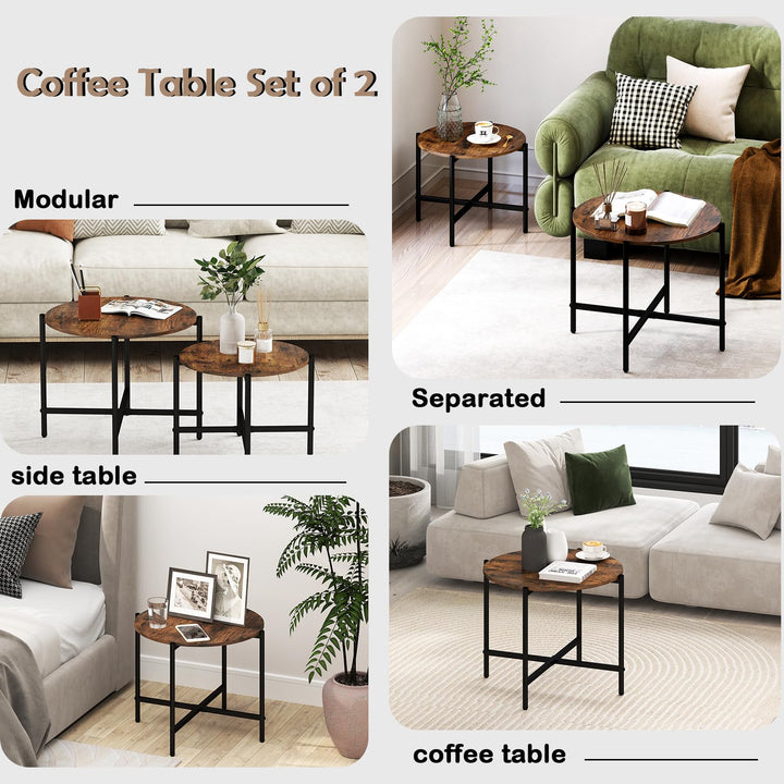 Giantex Round Coffee Table Set of 2, Nesting Tables with Metal Frame, Imitated Wood Grain Top