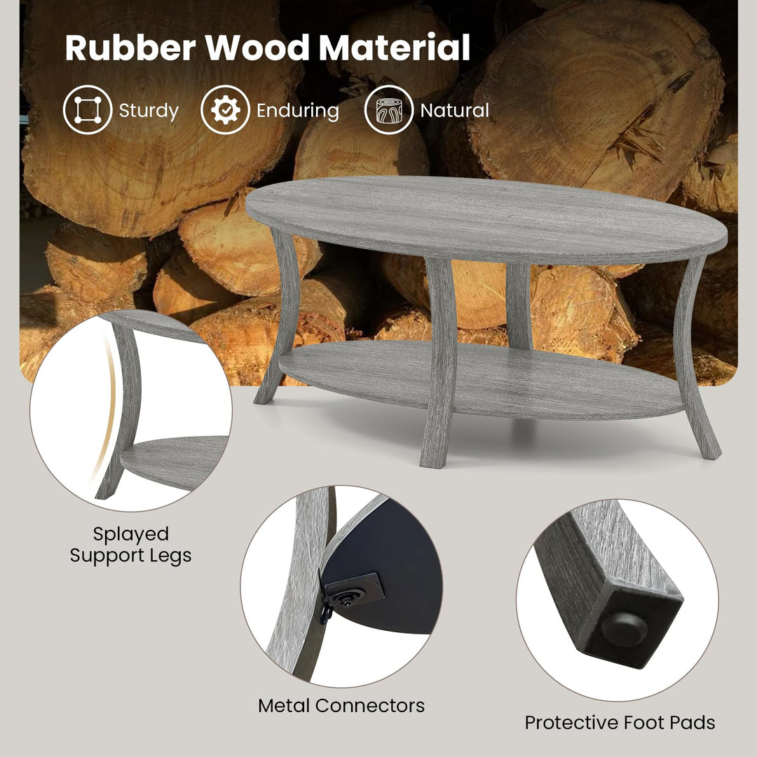 Giantex 44 Inch Oval Coffee Table 2-Tier Center Table with Storage Shelf & Rubber Wood Frame