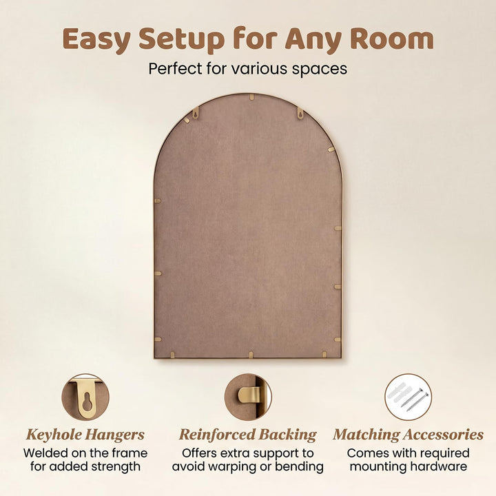 CHARMAID Gold Arched Wall Mirror with Beaded Frame for Bathroom Entryway