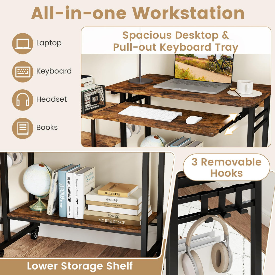 Giantex Mobile Computer Desk, Rolling Writing Desk with Keyboard Tray, Shelf & 3 Hanging Hooks, Rustic Brown & Black