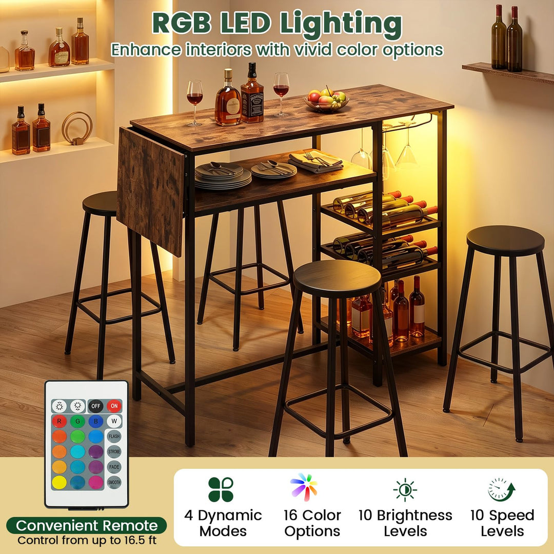 55" Drop-Leaf Counter Height Bar Table with LED Light and Remote Control for Small Space