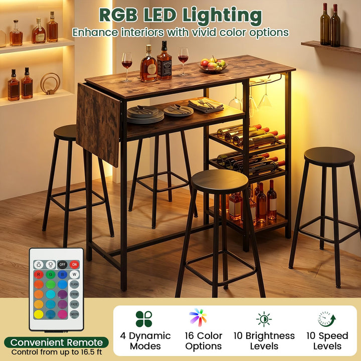 55" Drop-Leaf Counter Height Bar Table with LED Light and Remote Control for Small Space