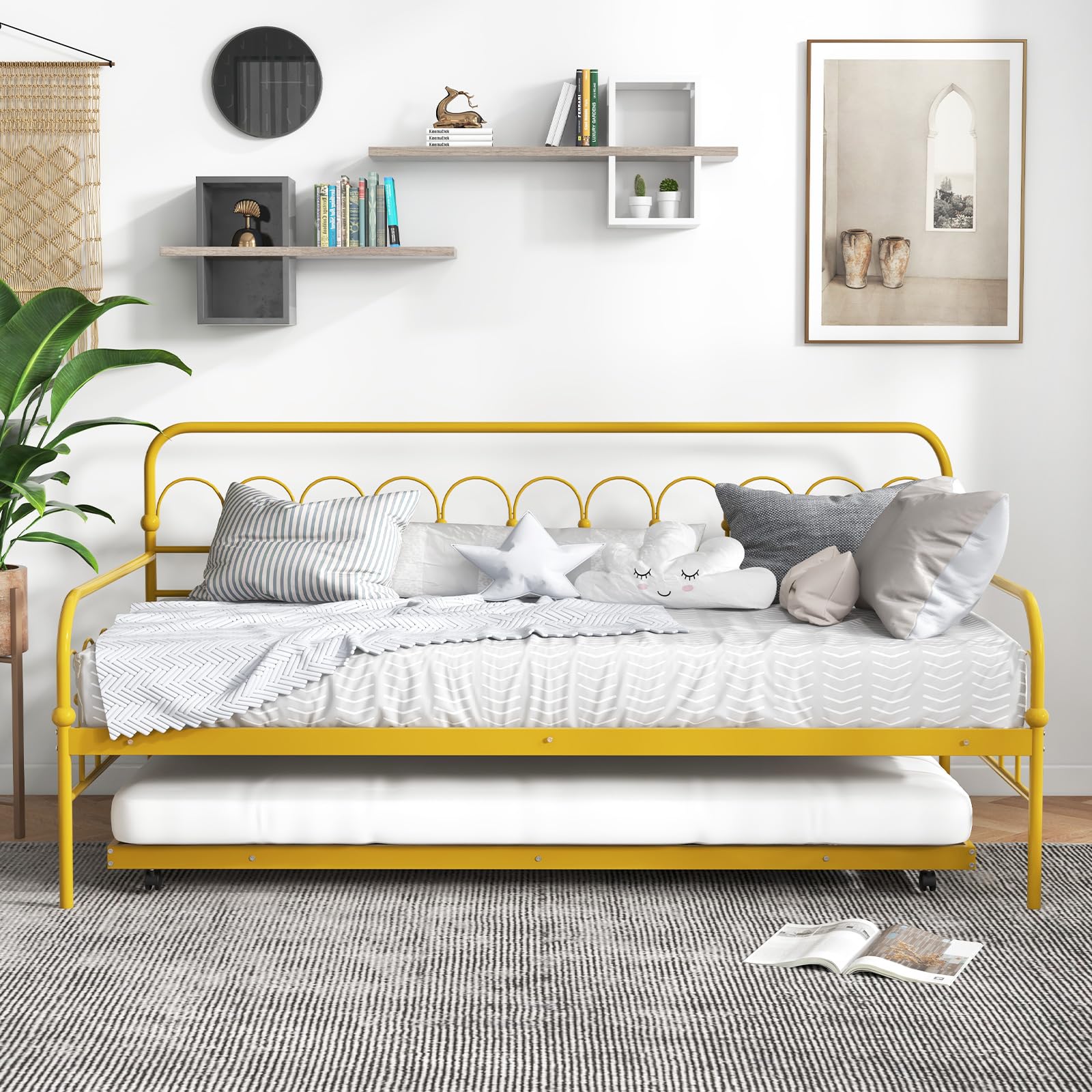 Giantex Twin Daybed with Trundle Gold, Metal Day Bed with Convenient Pull-Out Trundle Bed