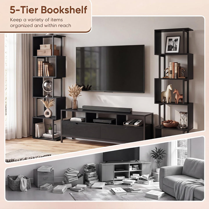 GIANTEX 5-Tier S-Shaped Wood Bookcase w/Metal Frame (1/2)