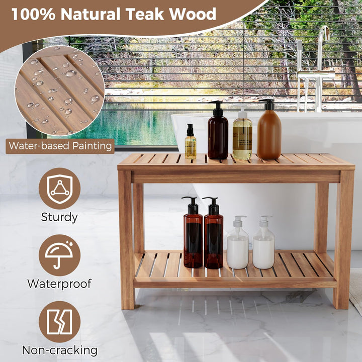 Giantex 30 Inch Teak Shower Bench with Shelf