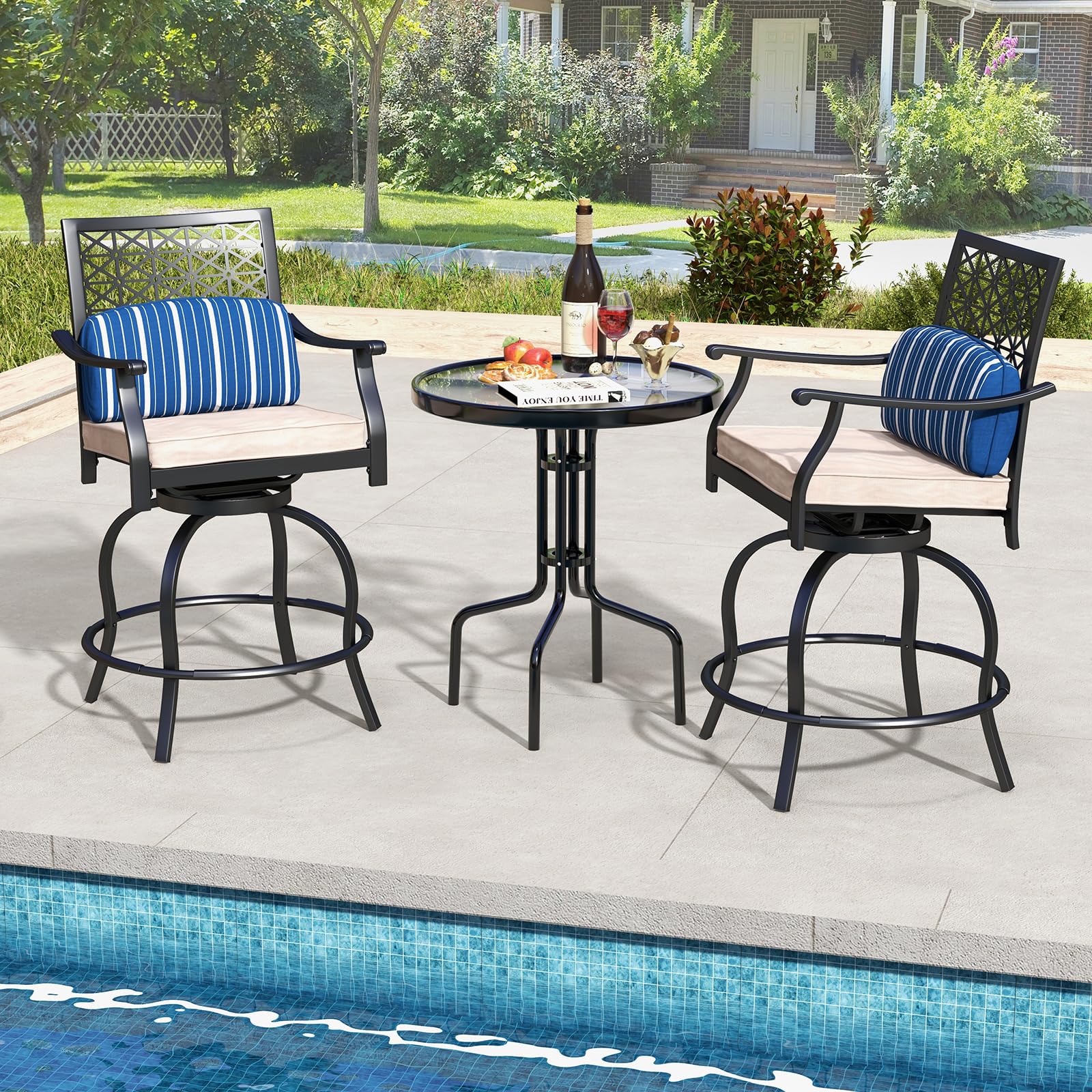Giantex Outdoor Bar Stools, Metal Patio Bar Chairs with Cushion & Lumbar Pillow