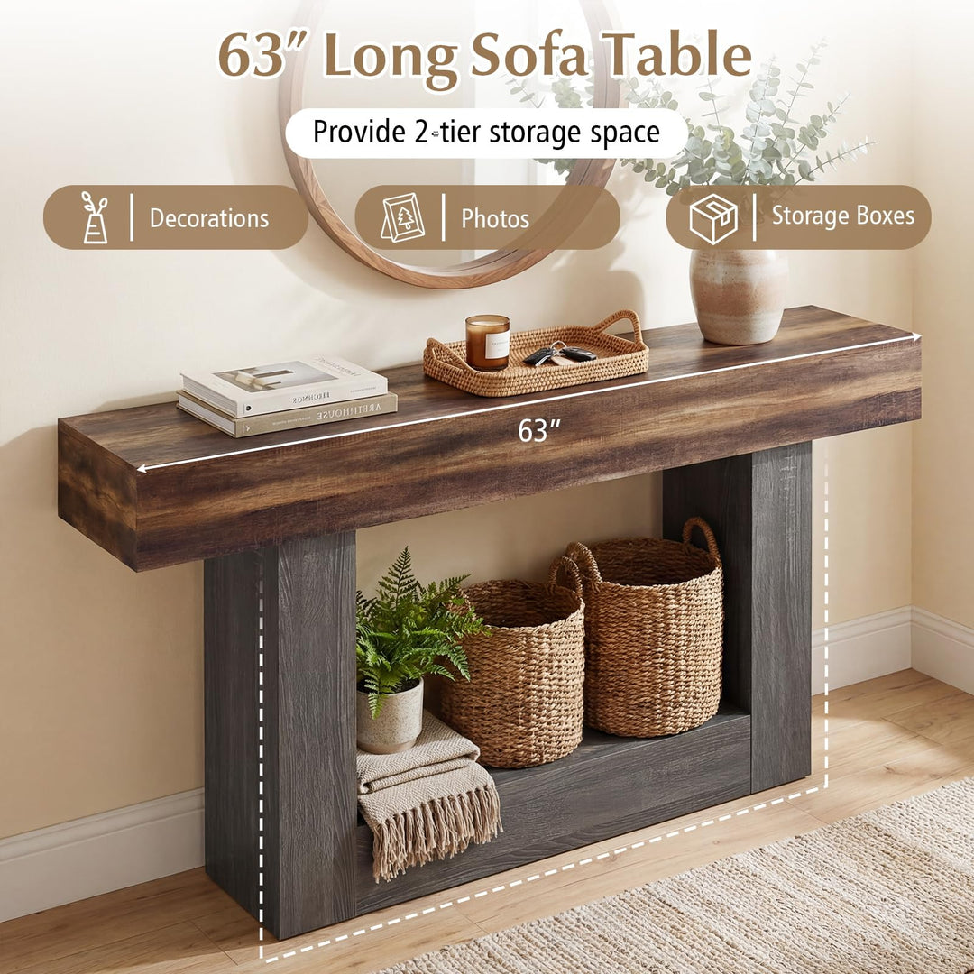Giantex 63" Farmhouse Console Table | 2-Tier Narrow Entryway Table with Storage Shelf