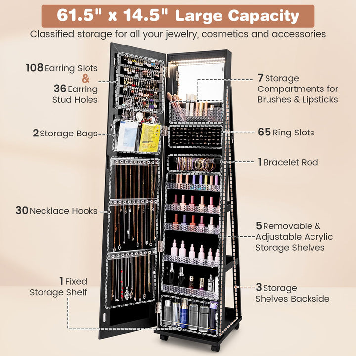 CHARMAID Jewelry Cabinet Armoire with Wheels, 64" Full Length Mirror with Jewelry Storage