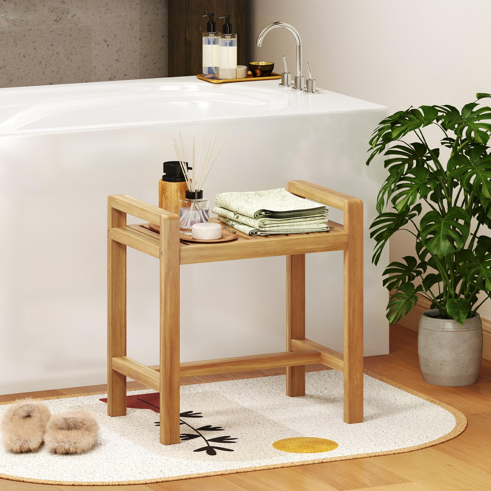 Giantex Teak Wood Shower Bench - 20" Waterproof Shower Stool with Handles and Slatted Seat for Inside Shower