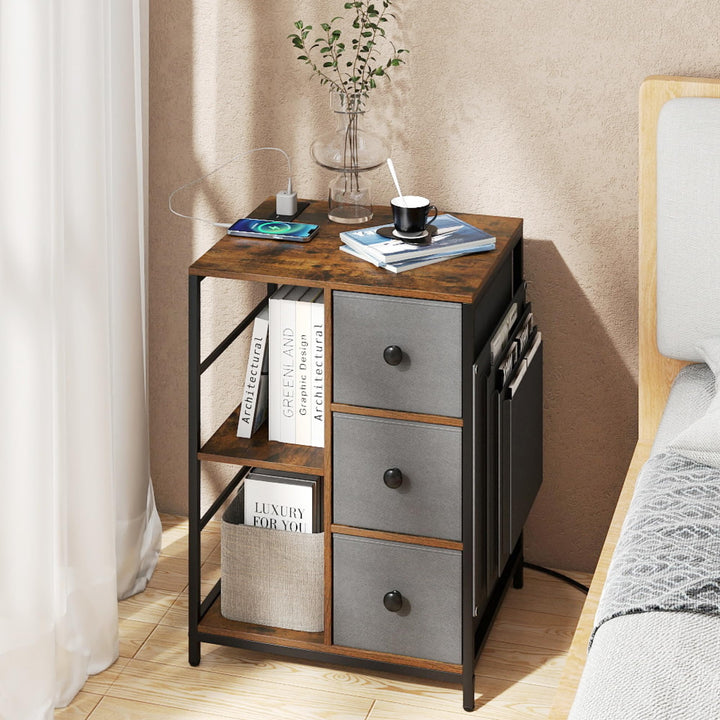 Giantex Industrial Nightstand with Charging Station - End Side Table w/3 Fabric Drawers