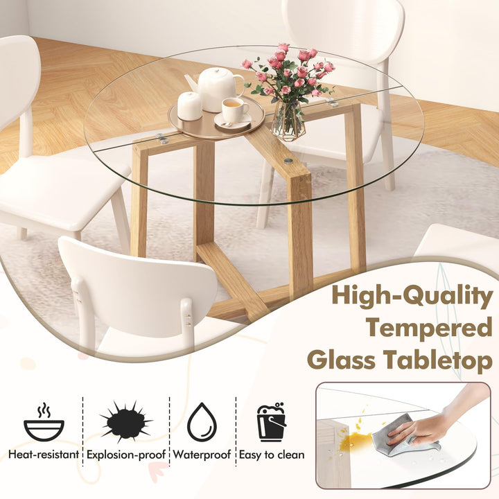 Giantex 42” Round Dining Table for 4, Kitchen Table with 0.3” Tempered Glass Tabletop, Rubber Wood Legs