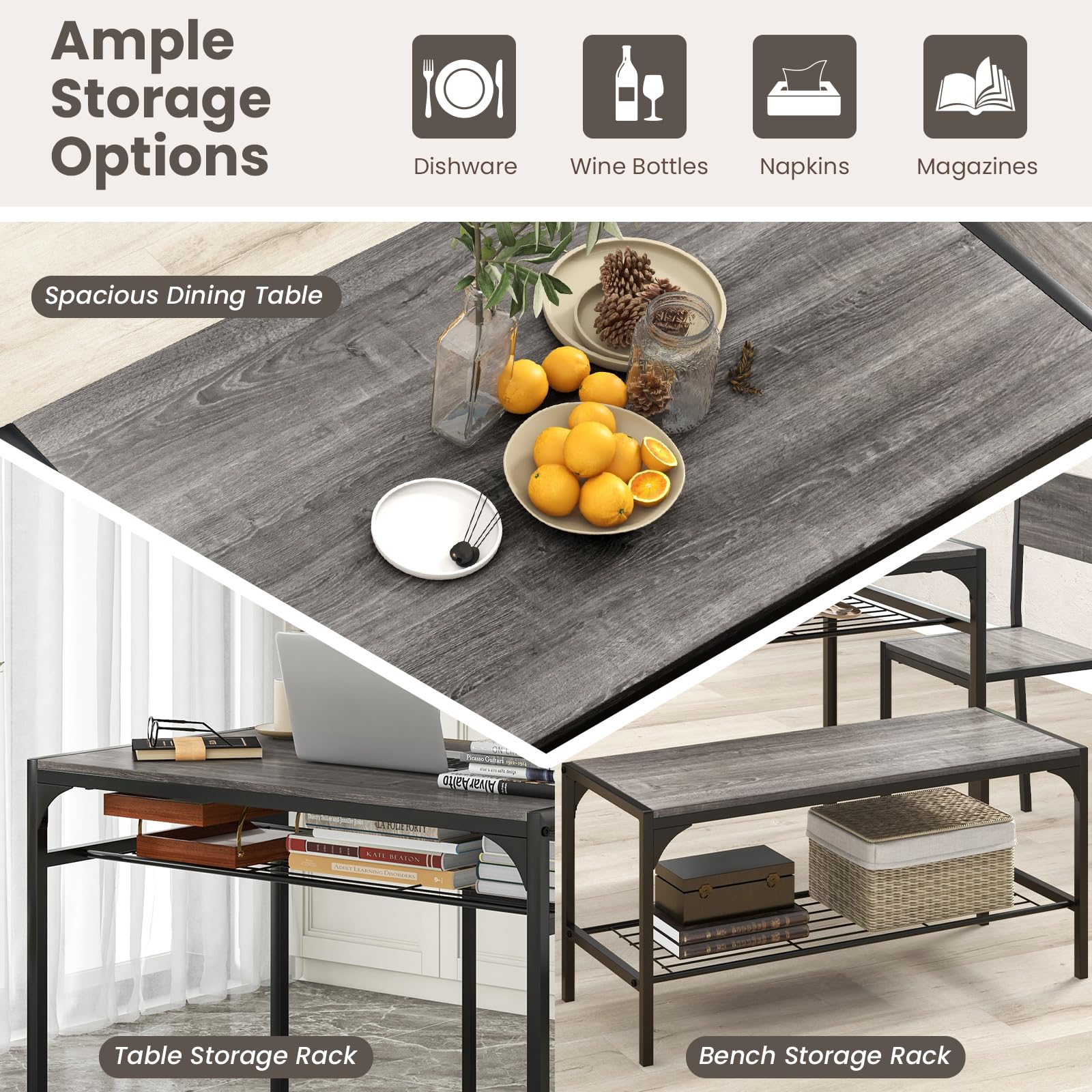 Giantex Dining Table Set for 4, Kitchen Table with Chairs & Bench, Storage Racks