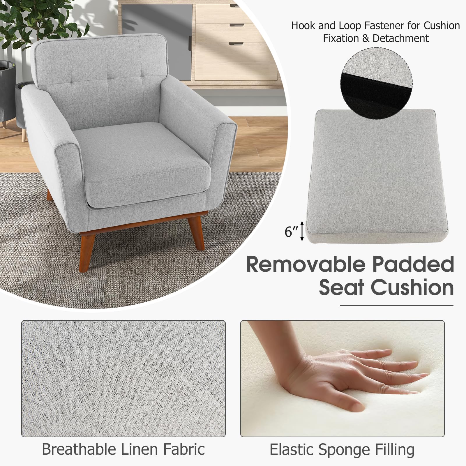 Giantex Modern Accent Chair, Upholstered Linen Fabric Armchair w/Removable Padded Seat Cushion