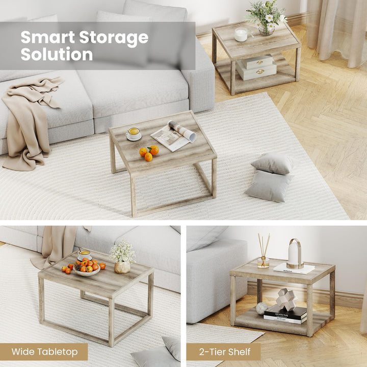 Giantex Nesting Coffee Tables Set of 2 with Storage Shelf Rubber Wood