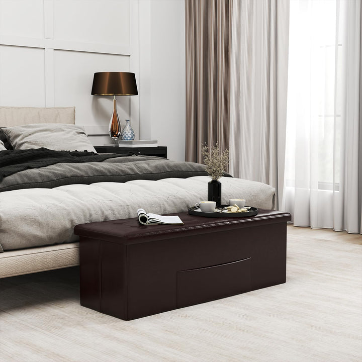 Giantex 43 Inches Folding Storage Ottoman Bench Upholstered PU Leather Storage Chest with Side Pocket