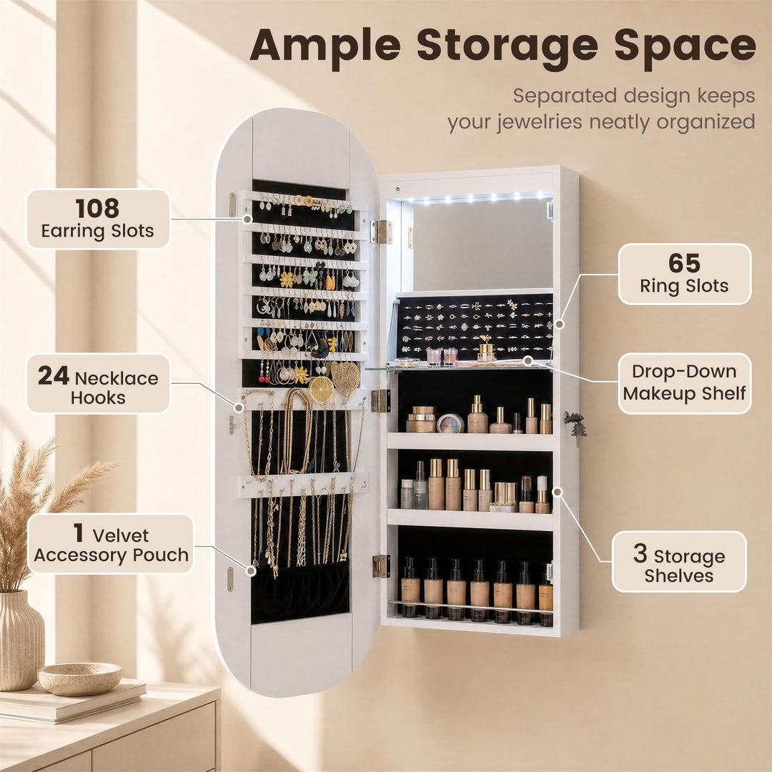 CHARMAID LED Full Length Mirror Jewelry Cabinet | Wall Mount &amp; Over the Door