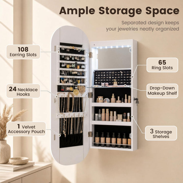 CHARMAID LED Full Length Mirror Jewelry Cabinet | Wall Mount &amp; Over the Door