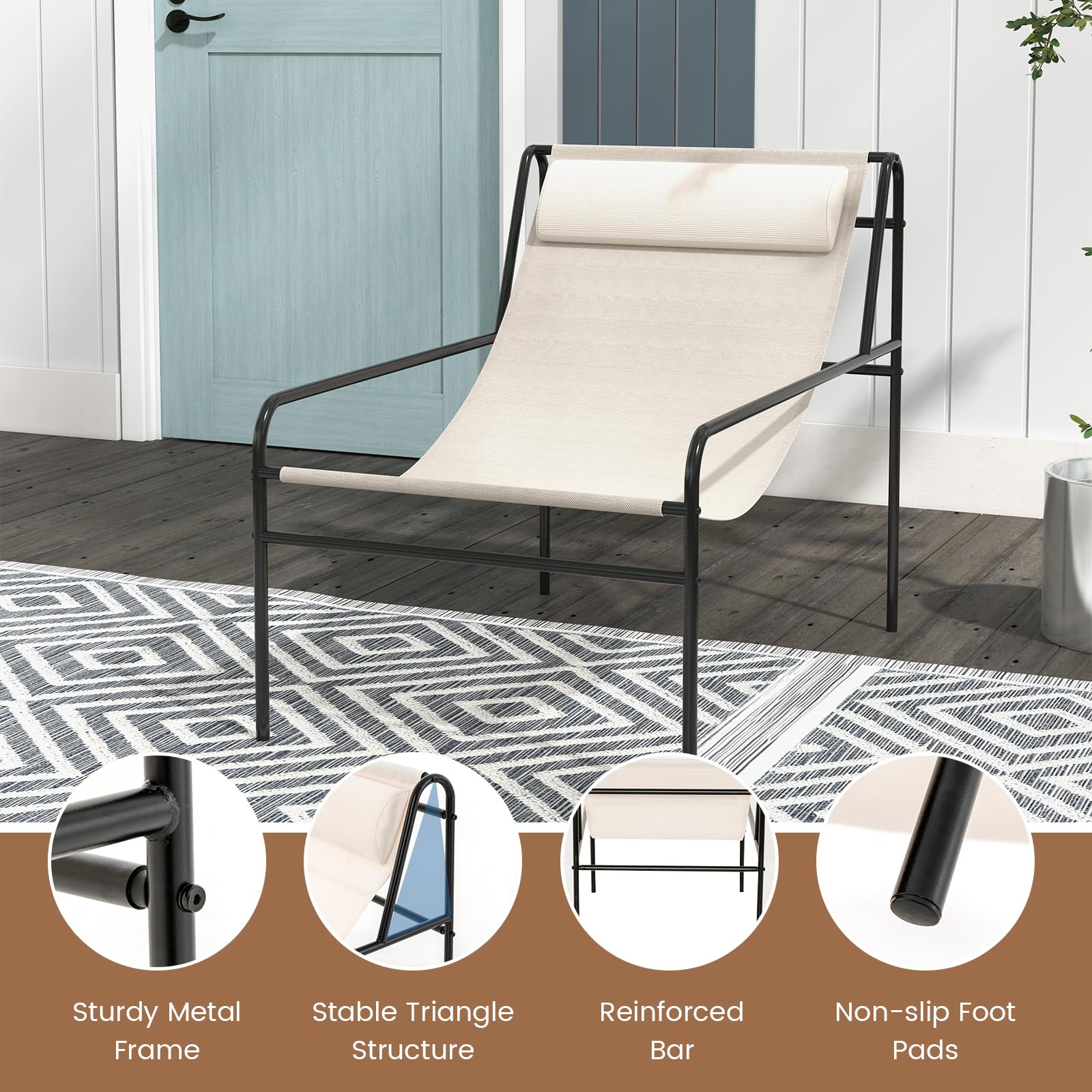 Giantex Patio Sling Lounge Chair, Modern Sling Accent Chair with Removable Headrest Pillow