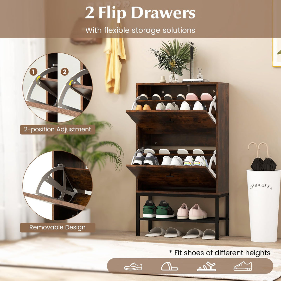 Giantex Shoe Storage Cabinet - Hidden Shoe Organizer with 2 Flip Drawers, Adjustable & Removable Interior Shelves