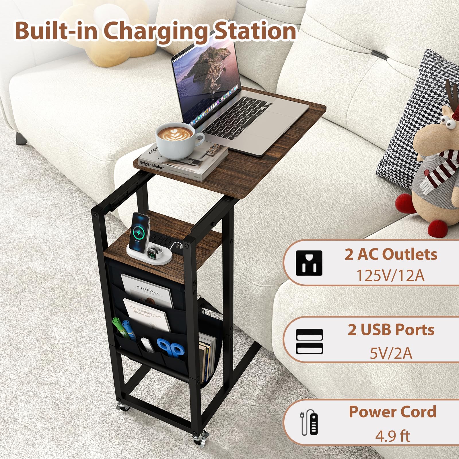 Giantex C Shaped End Table with Charging Station and Wheels
