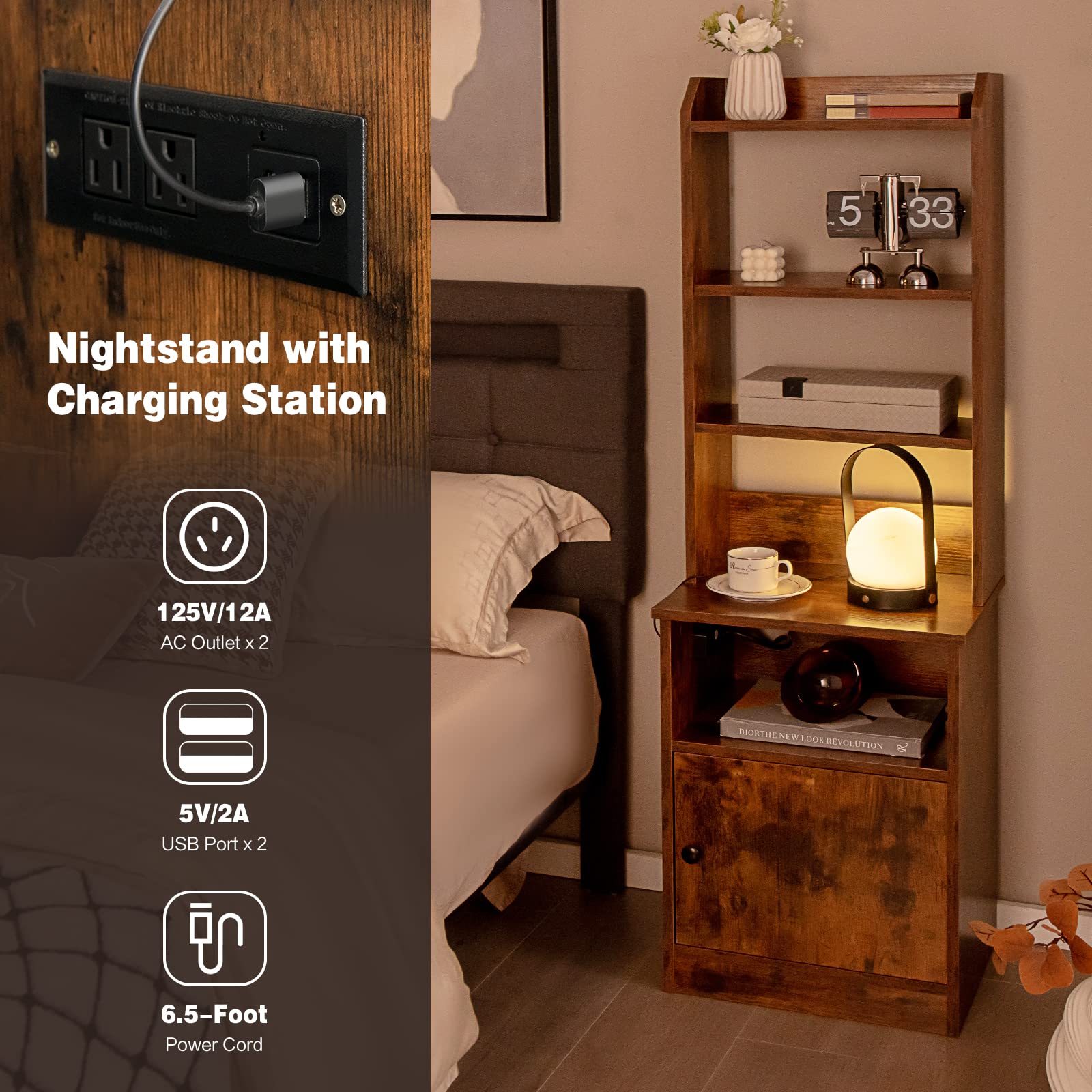 Giantex Nightstand with Charging Station - 55" Tall Bedside Table
