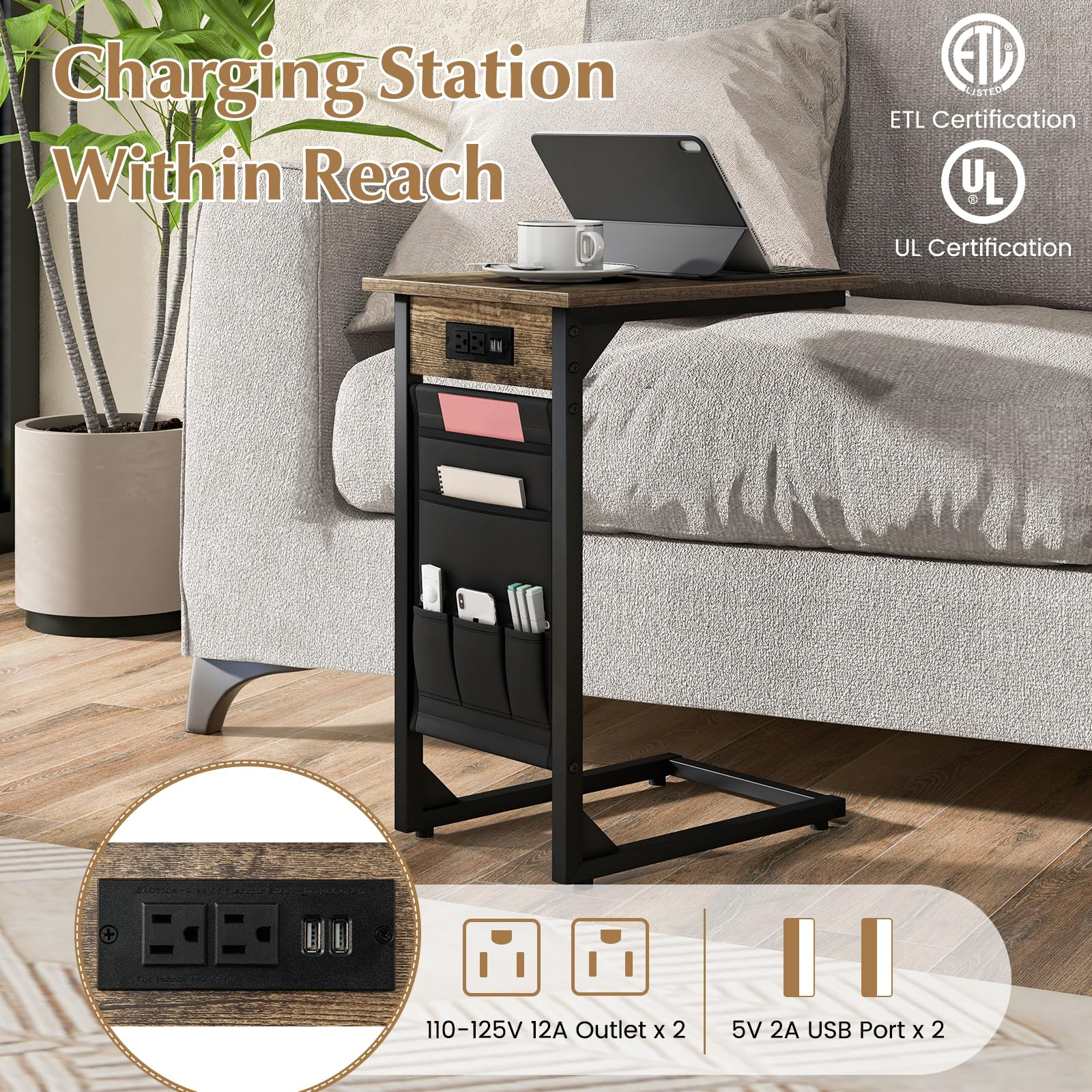 Giantex C Shaped End Table Set of 2, Sofa Side Table with Charging Station & Side Storage Bag, Rustic Brown