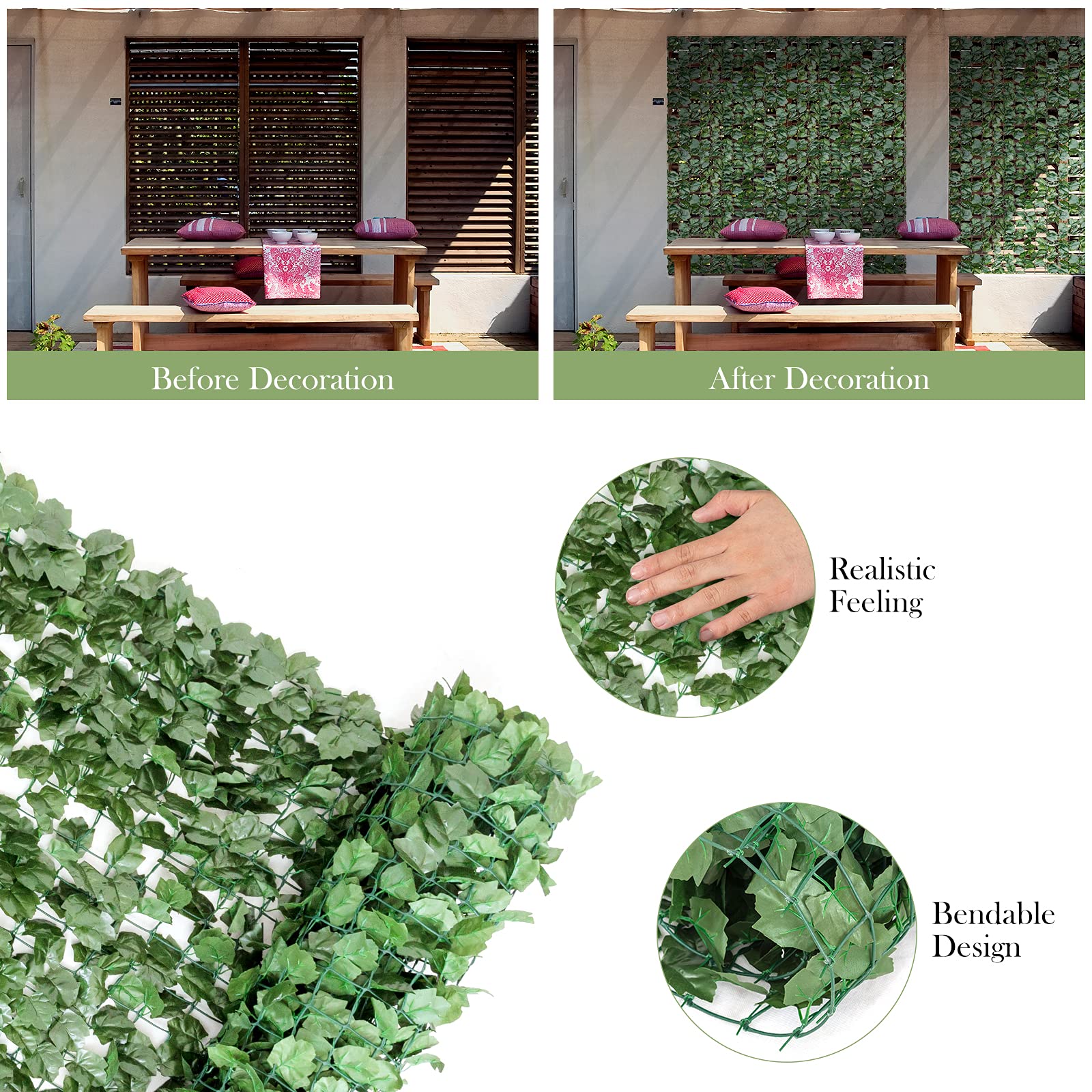 Artificial Hedges Faux Ivy Leaves Fence Decorative Trellis Privacy Fence Screen Mesh (59"x95")