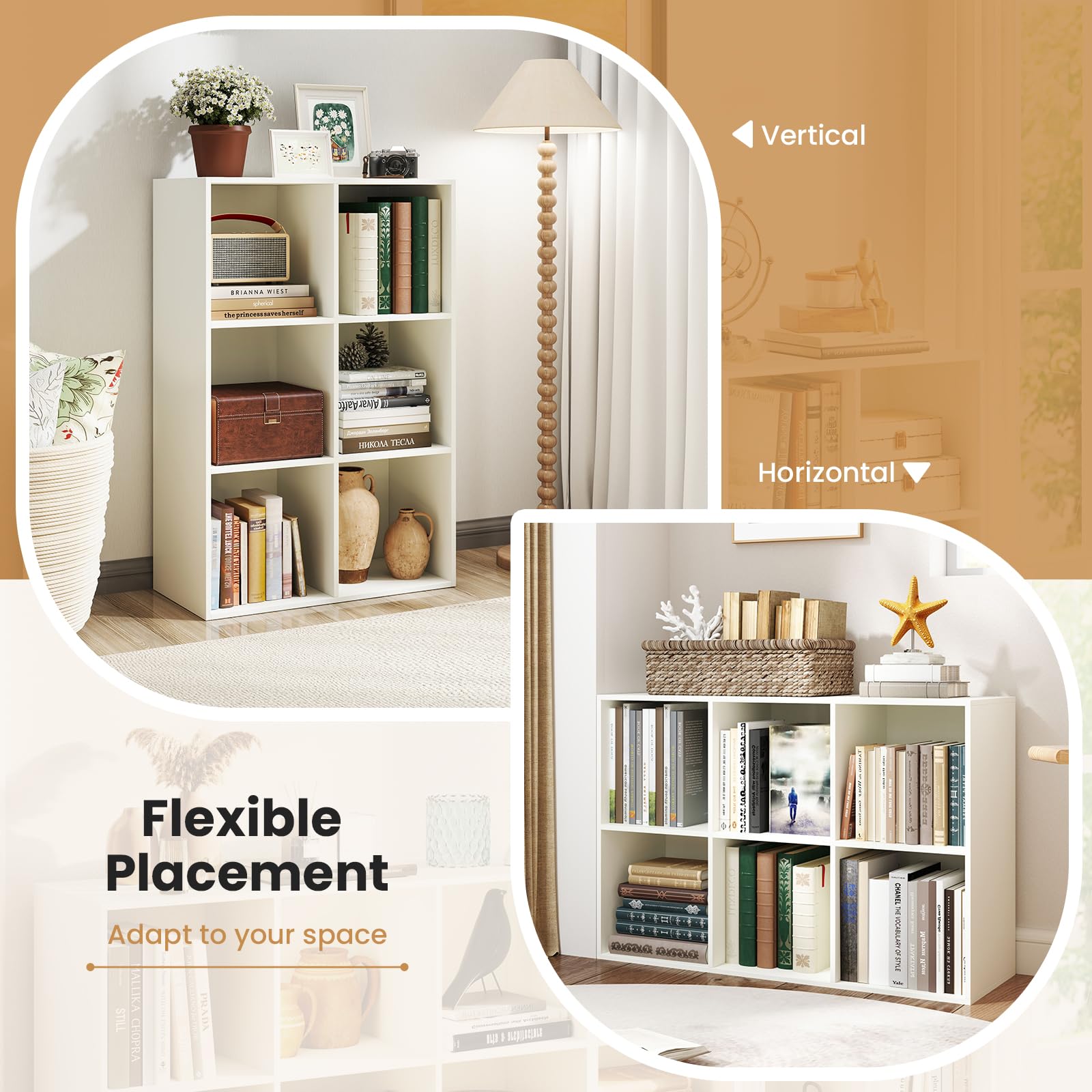 Giantex 6-Cube Bookcase, 3-Tier Cubby Bookshelf, Horizontal Vertical Display Rack with Anti-Tipping Kits