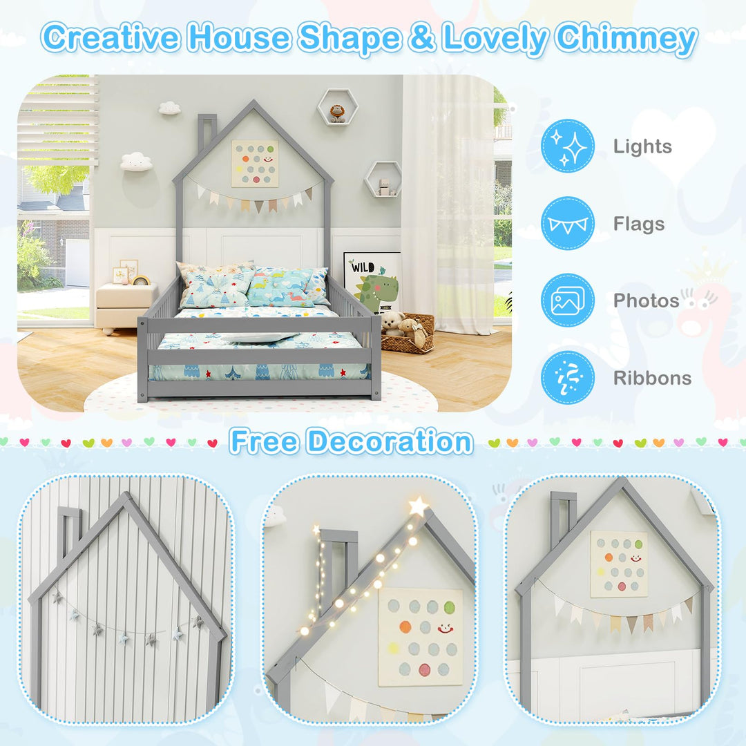 Giantex Twin Floor Bed, House-Shaped Montessori Bed Frame with Headboard, Full-Length Guardrail