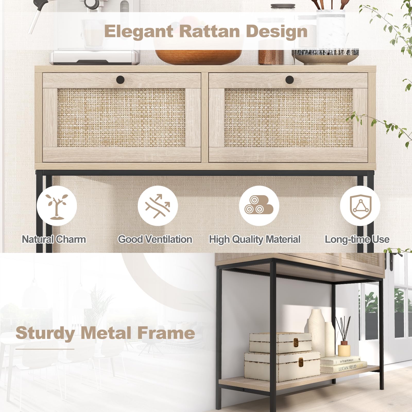 Giantex Console Table with Rattan Drawers - 31.5" Entryway Table w/ 2 Drawers & Open Storage Shelf