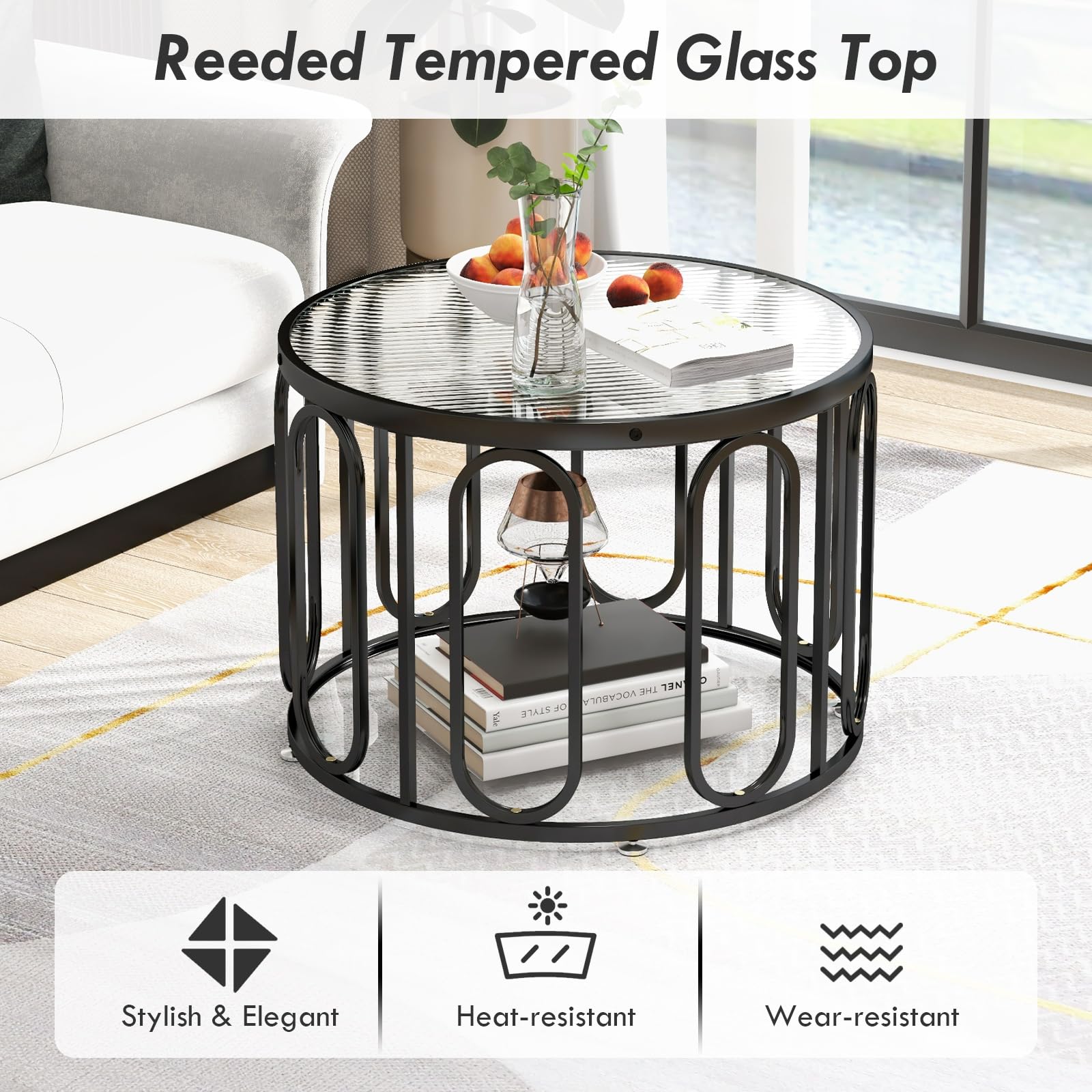 Giantex Small Round Glass Coffee Table, 24" Accent Side Sofa Tea Table with Tempered Glass Top & Oval Swivel Brackets