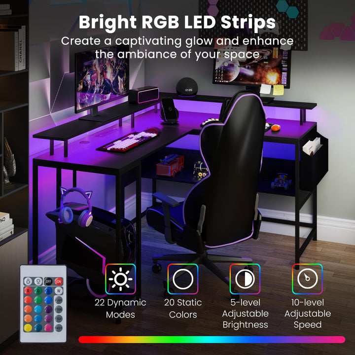 Giantex L Shaped Desk with LED Light & Power Outlets Ergonomic Home Office Desk
