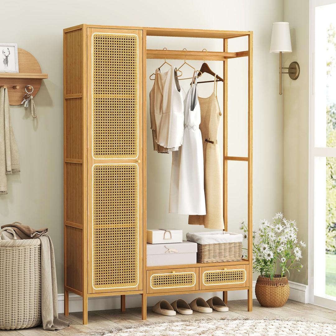 Giantex Bamboo Clothes Rack with Shelves Freestanding Garment Rack with Rattan Door