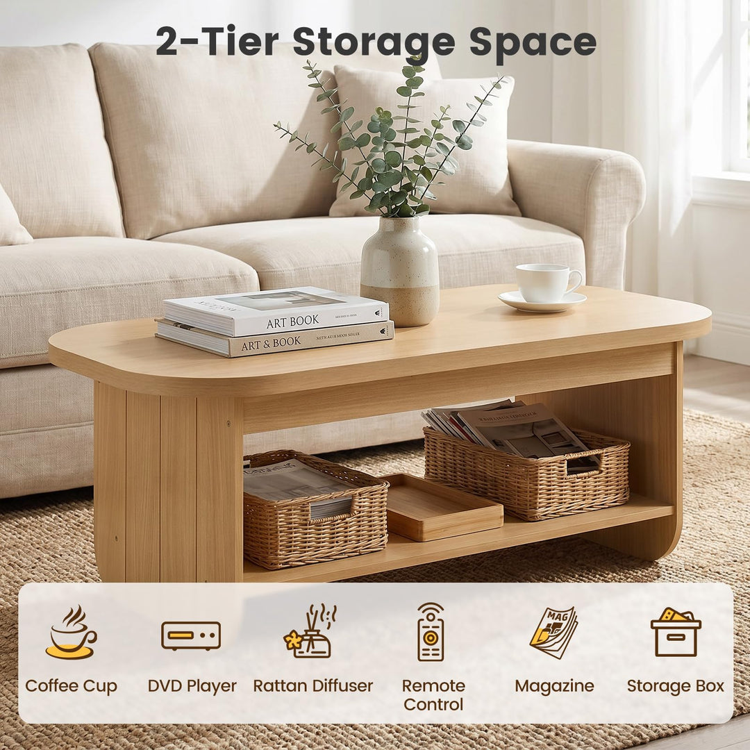 Giantex 47" Mid Century Oval Coffee Table with Storage Shelf &amp; Round Corner