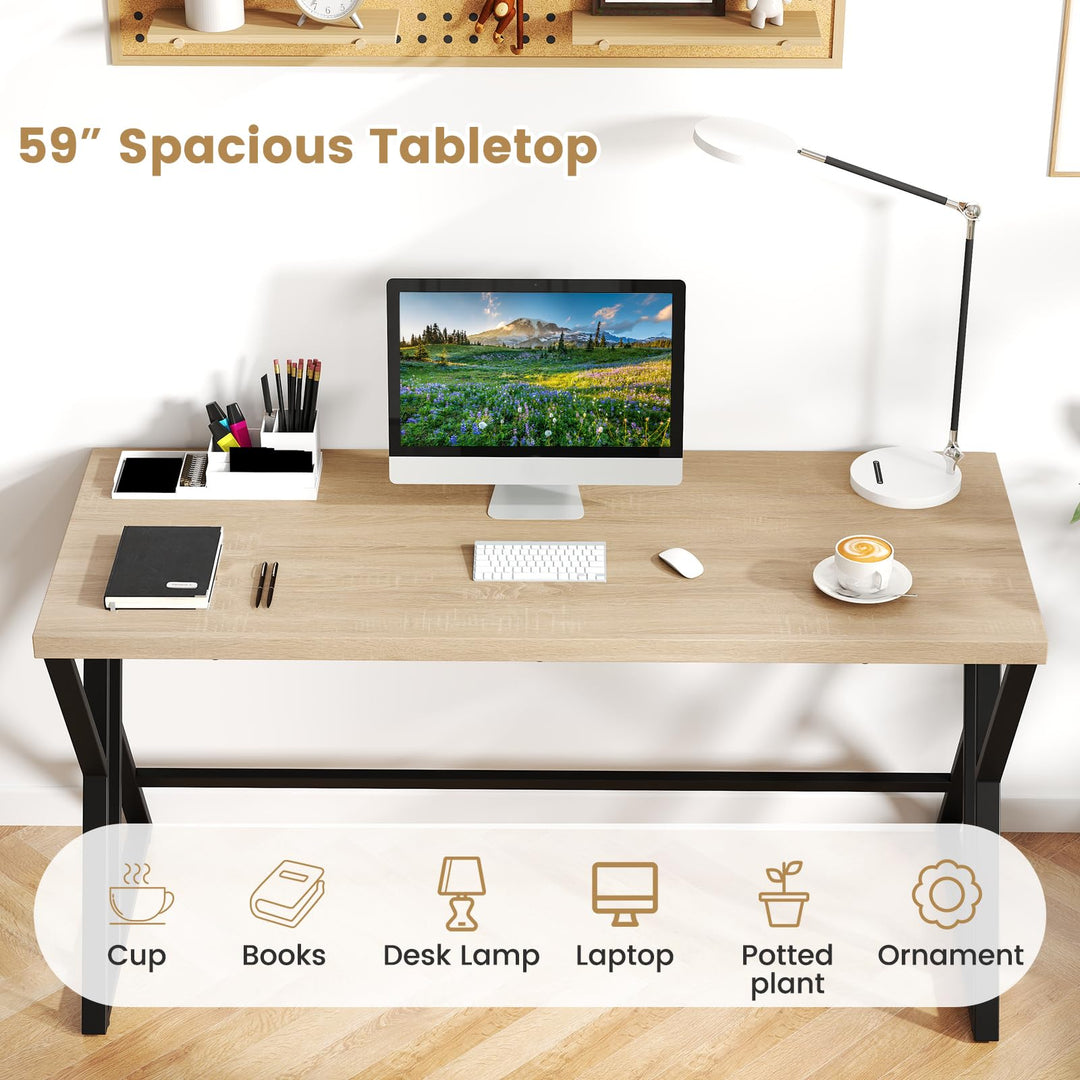 Giantex Large Computer Desk 59" Industrial Home Office Desk with Z-Shaped Metal Leg & Crossbar