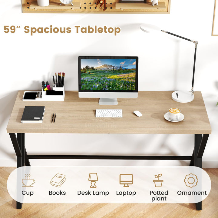 Giantex Large Computer Desk 59" Industrial Home Office Desk with Z-Shaped Metal Leg & Crossbar