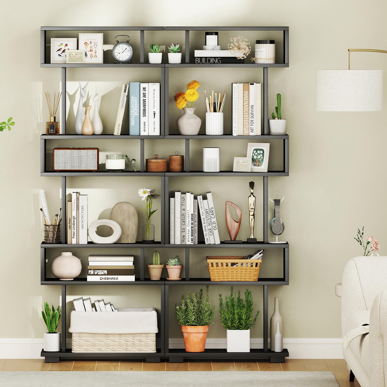 Giantex 6-Tier Geometric Bookcase Set of 1/2 64" Tall S-Shaped Bookshelf