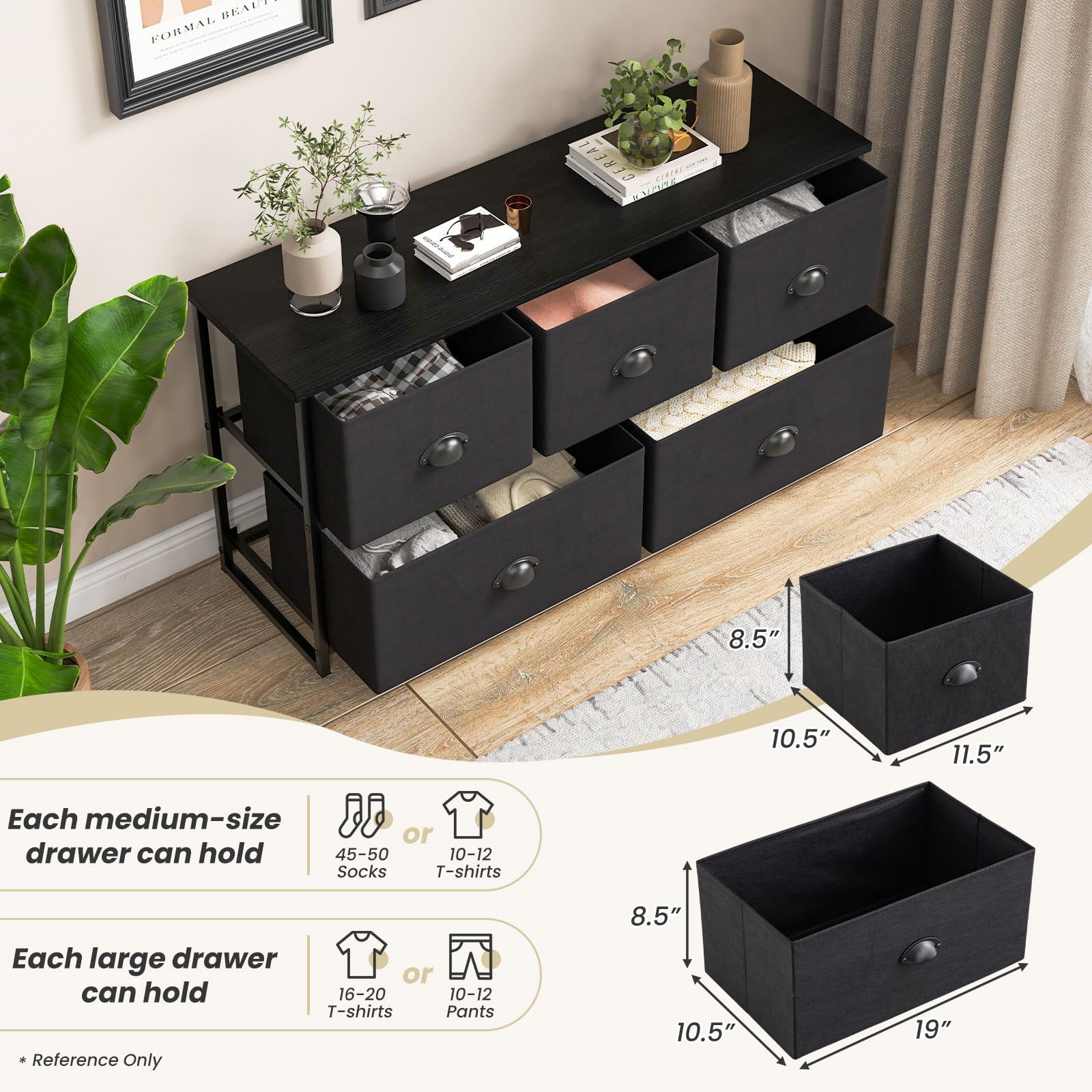 Giantex Black Dresser for Bedroom with 5 Drawers - Wide Clothes Storage Organizer w/ 5 Fabric Bins