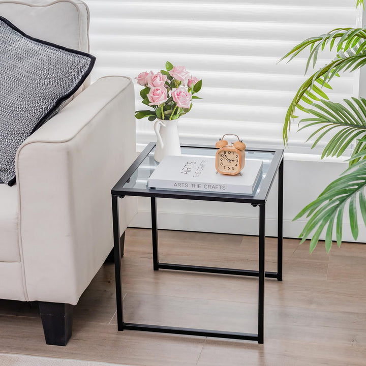 Giantex Outdoor 17” Square Table - Patio Tempered Glass End Table Side Table with Metal Frame