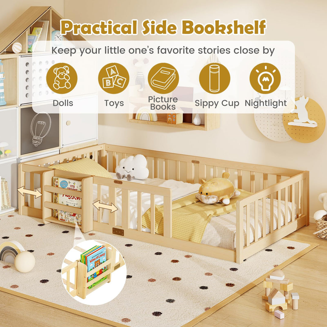 GIANTEX Twin Solid Wood Floor Bed for Kids | Montessori Bed with Bedside Bookshelf