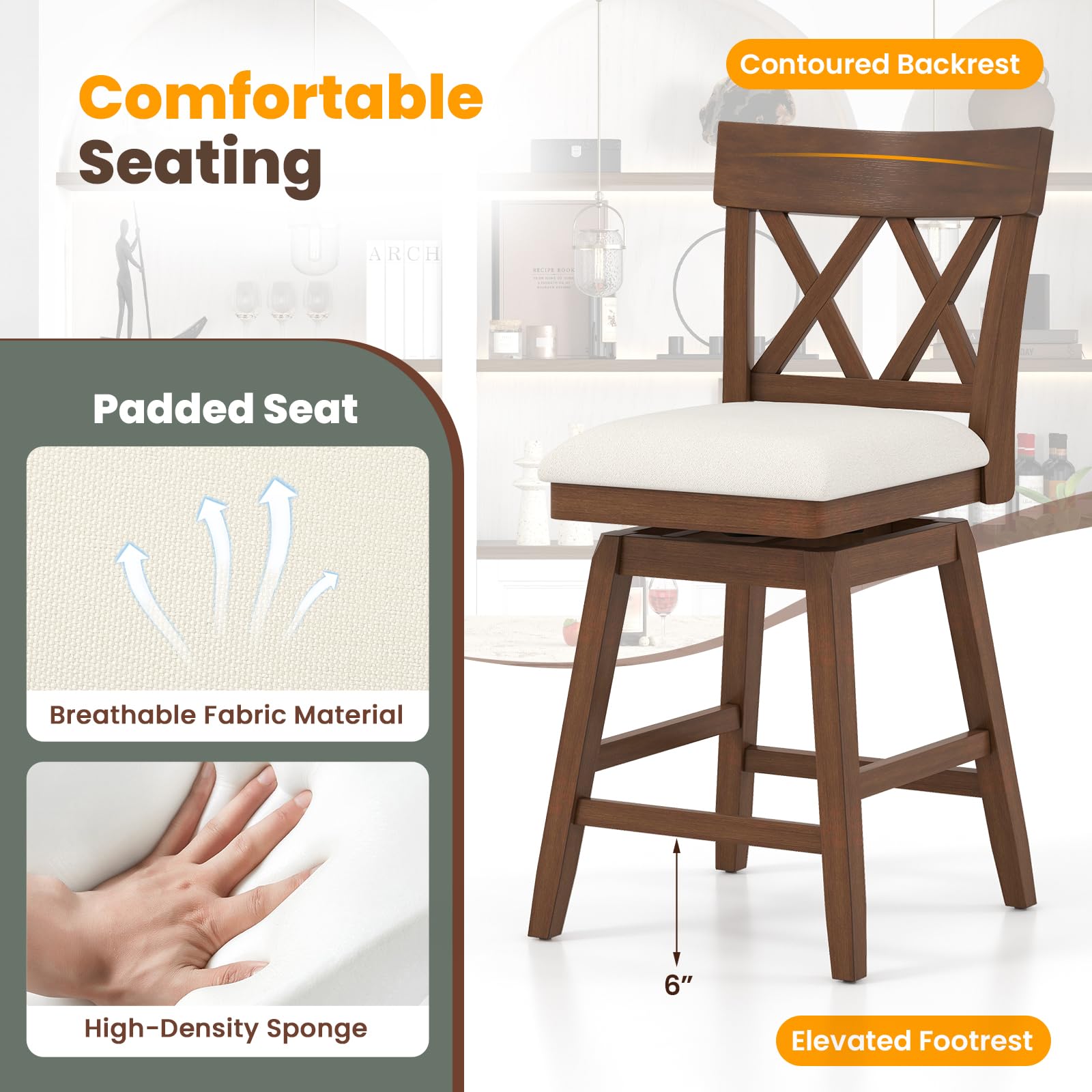 Giantex Counter Height Bar Stool with Crossed Backs and Rubber Wood Legs