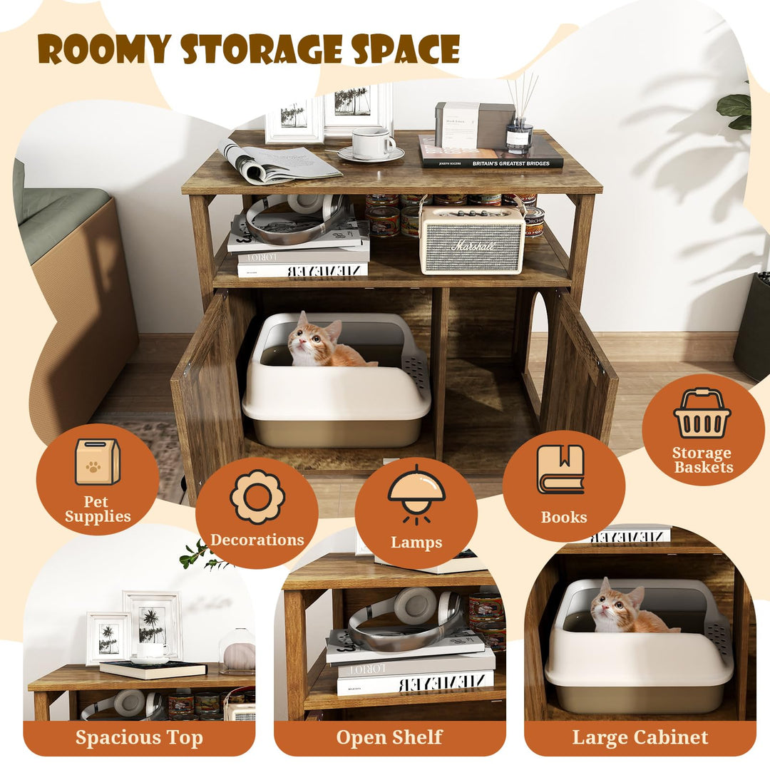 Giantex Cat Litter Box Enclosure - Litter Box Hidden Furniture with Barn Door, Inner Divider, Side Entry, Storage Shelf