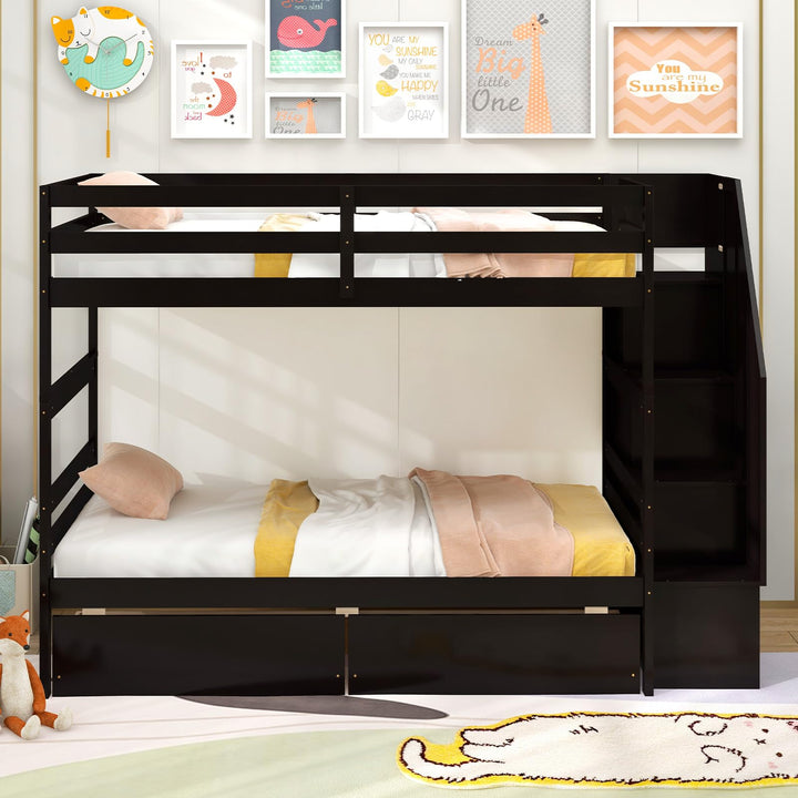 Giantex Bunk Bed Twin Over Twin with Storage Stairs & Drawers, Solid Wood Bunk Bed with Full-Length Guardrails