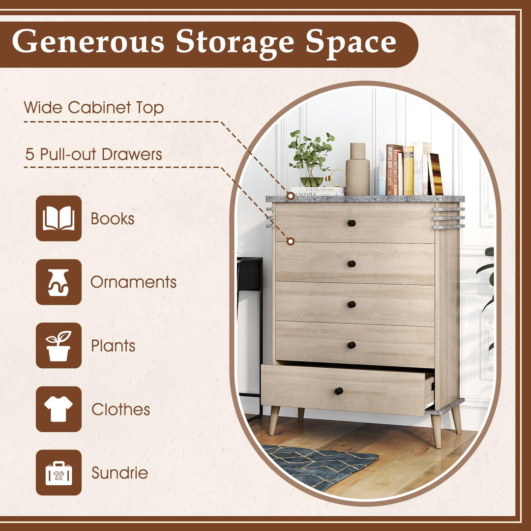 Giantex 5-Drawer Storage Cabinet with Rubber Wood Legs