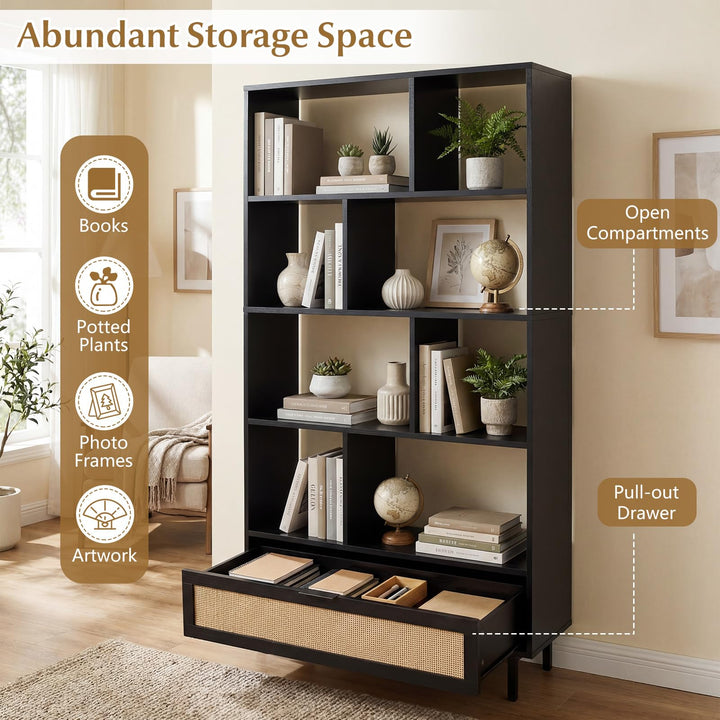 Giantex 64" Tall 6-Tier Wood Bookshelf with Rattan Drawer